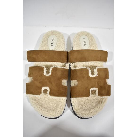 Hermes Chypre Sandal Mens Suede Shearling Fur H Logo Slide Slip On Flat 44 11 main image 9